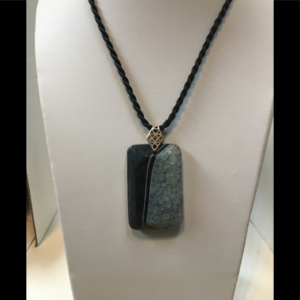 Blue Agate Slab, Sterling Silver Bail On Silk Cord